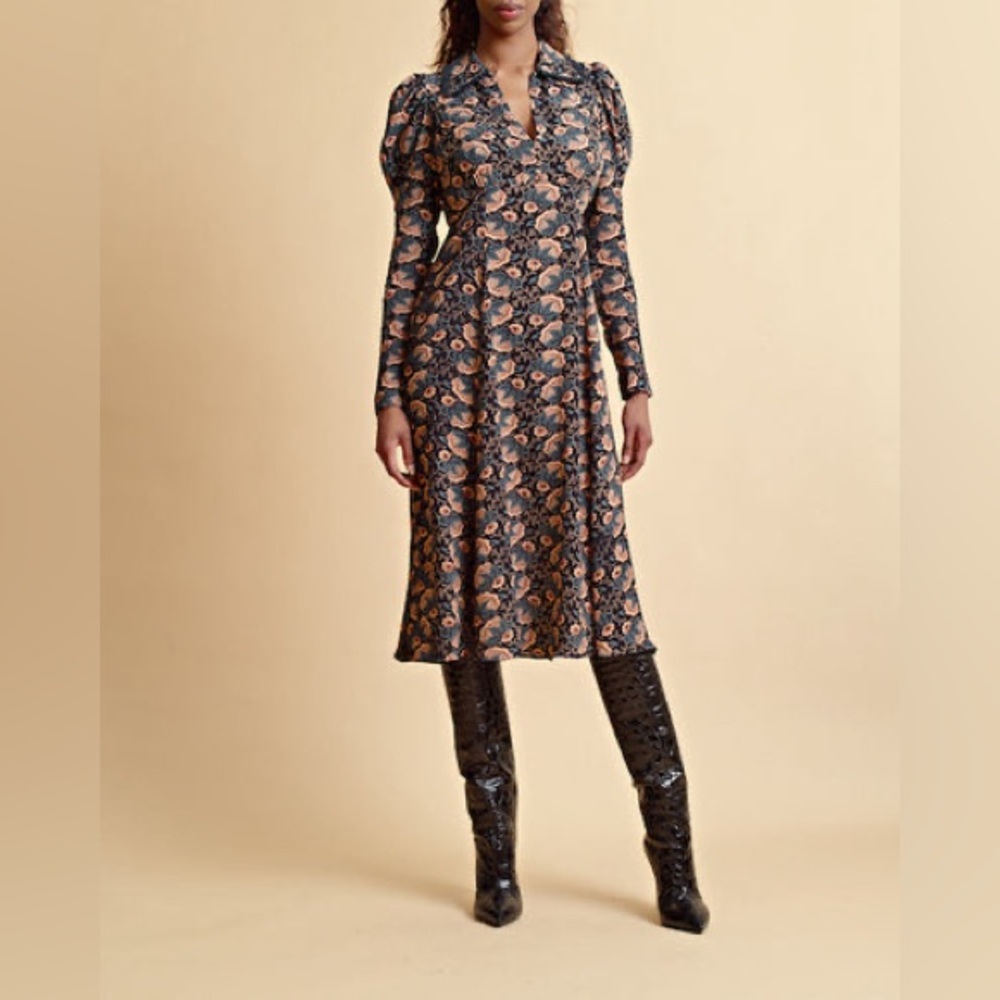 NEW ByTiMo Autumn Flowers Long Sleeve Floral Print Midi Dress Women's Size Small
